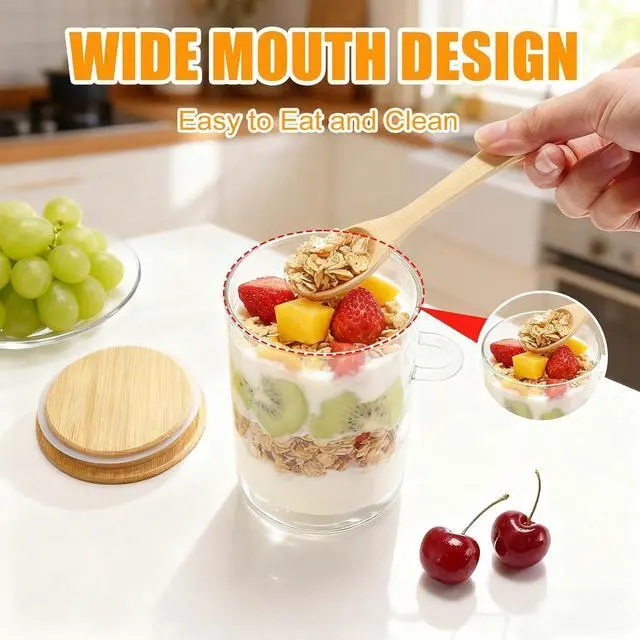 Alt view image 6 of 7 - Overnight Oats Containers With Lids and Spoons, 2pack Glass Jars with Bamboo Lids, Leak-Proof Overnight Oats Jars for Cereal, Yogurt, Chia Pudding