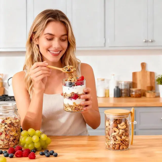 Alt view image 7 of 7 - Overnight Oats Containers With Lids and Spoons, 2pack Glass Jars with Bamboo Lids, Leak-Proof Overnight Oats Jars for Cereal, Yogurt, Chia Pudding