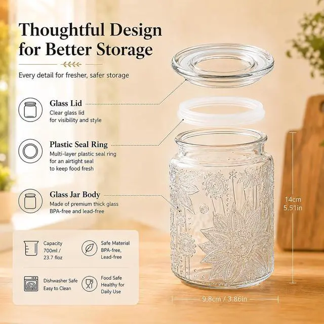Alt view image 3 of 7 - Custde Glass Jars With Airtight Lid, 23.7 floz Airtight Jar for Brown Sugar, Sunflower Design Storage Container for Candy, Coffee, Cookie, Tea, Salt, Bath Salt