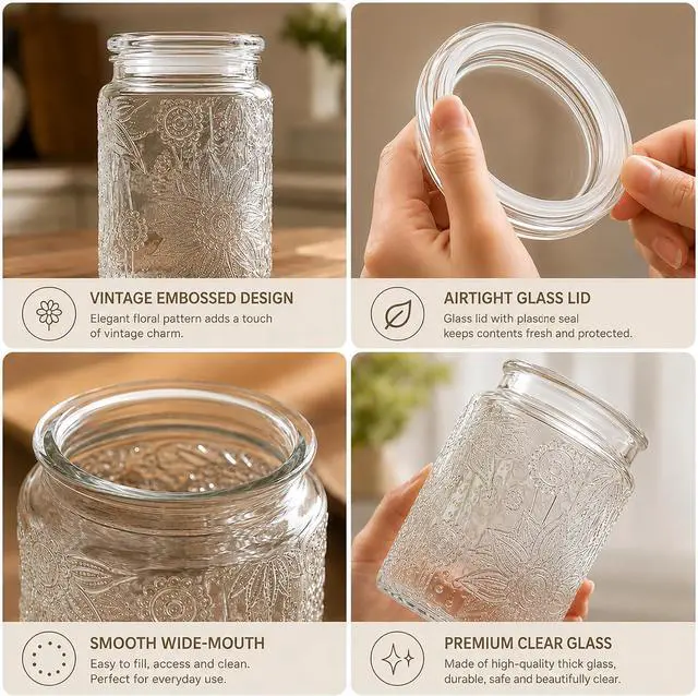 Alt view image 5 of 7 - Custde Glass Jars With Airtight Lid, 23.7 floz Airtight Jar for Brown Sugar, Sunflower Design Storage Container for Candy, Coffee, Cookie, Tea, Salt, Bath Salt