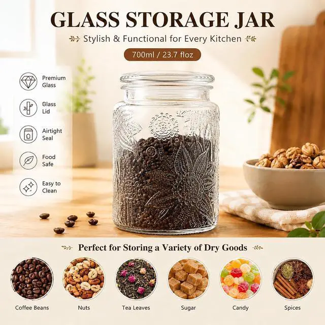 Alt view image 4 of 7 - Custde Glass Jars With Airtight Lid, 23.7 floz Airtight Jar for Brown Sugar, Sunflower Design Storage Container for Candy, Coffee, Cookie, Tea, Salt, Bath Salt