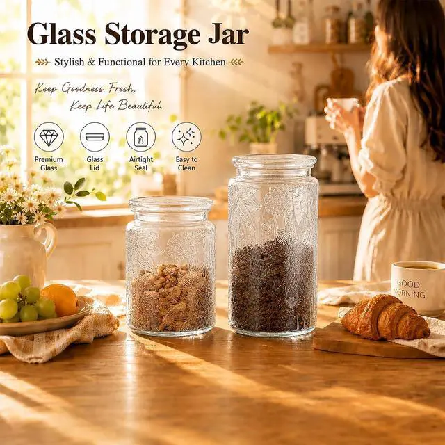 Alt view image 6 of 7 - Custde Glass Jars With Airtight Lid, 23.7 floz Airtight Jar for Brown Sugar, Sunflower Design Storage Container for Candy, Coffee, Cookie, Tea, Salt, Bath Salt