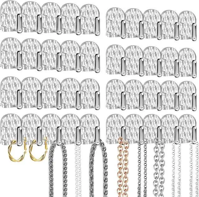 Main image of Gesodant 8 Pack Hanging Jewelry Organizer, Self-adhesive Jewelry Hooks, Clear Wall Mounted Jewelry Hanger, Necklace Display Holder, 40 Hooks in Total