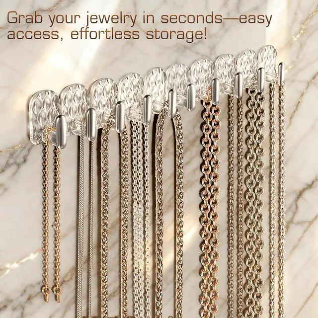 Alt view image 2 of 7 - Gesodant 8 Pack Hanging Jewelry Organizer, Self-adhesive Jewelry Hooks, Clear Wall Mounted Jewelry Hanger, Necklace Display Holder, 40 Hooks in Total