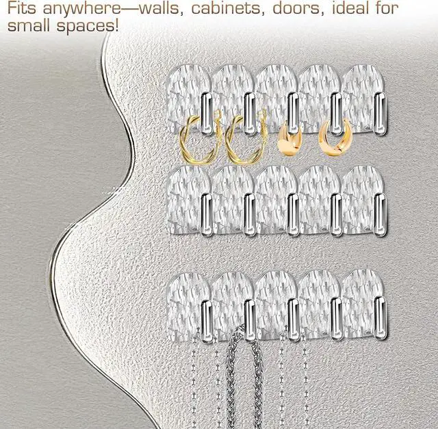 Alt view image 4 of 7 - Gesodant 8 Pack Hanging Jewelry Organizer, Self-adhesive Jewelry Hooks, Clear Wall Mounted Jewelry Hanger, Necklace Display Holder, 40 Hooks in Total