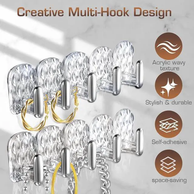 Alt view image 5 of 7 - Gesodant 8 Pack Hanging Jewelry Organizer, Self-adhesive Jewelry Hooks, Clear Wall Mounted Jewelry Hanger, Necklace Display Holder, 40 Hooks in Total