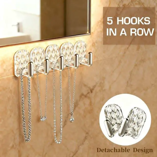 Alt view image 6 of 7 - Gesodant 8 Pack Hanging Jewelry Organizer, Self-adhesive Jewelry Hooks, Clear Wall Mounted Jewelry Hanger, Necklace Display Holder, 40 Hooks in Total