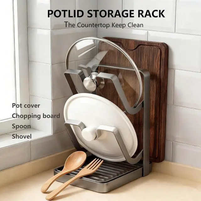 Alt view image 4 of 7 - Pot Lid Holder While Cooking, Kitchen Pot Lid Storage Rack for stove top, Pots Storage Stand, Thickened Metal Alloy Multifunctional Kitchen Pot Lid Organizer for CountertopGray