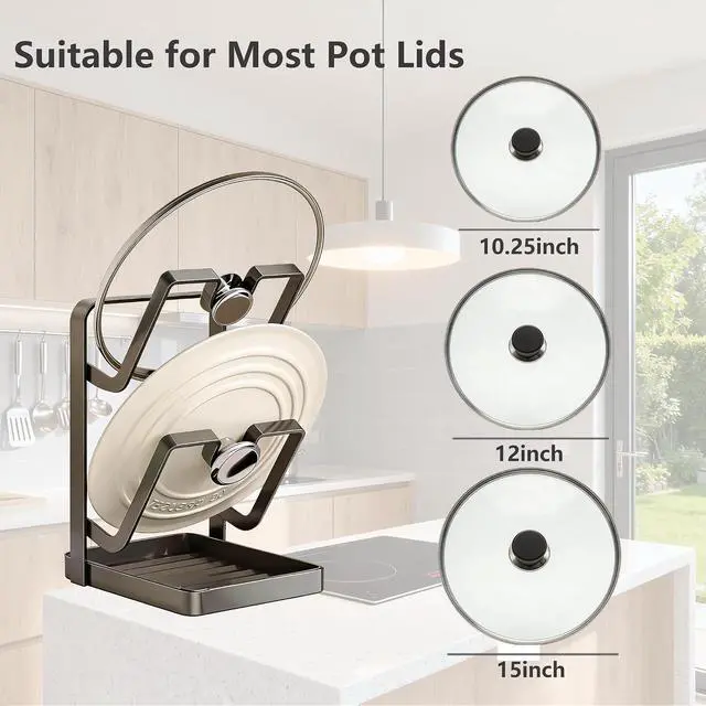 Alt view image 6 of 7 - Pot Lid Holder While Cooking, Kitchen Pot Lid Storage Rack for stove top, Pots Storage Stand, Thickened Metal Alloy Multifunctional Kitchen Pot Lid Organizer for CountertopGray