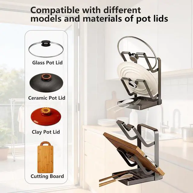 Alt view image 7 of 7 - Pot Lid Holder While Cooking, Kitchen Pot Lid Storage Rack for stove top, Pots Storage Stand, Thickened Metal Alloy Multifunctional Kitchen Pot Lid Organizer for CountertopGray
