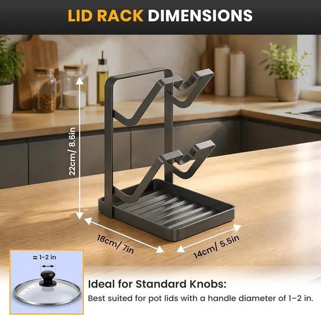 Alt view image 2 of 7 - Pot Lid Holder with Removable Drip Tray, Multifunctional Double Layer Pot Lid Organizer for Countertop, Kitchen Pot Lid Storage Rack for Covers, Cutting Boards, Utensils (Grey)