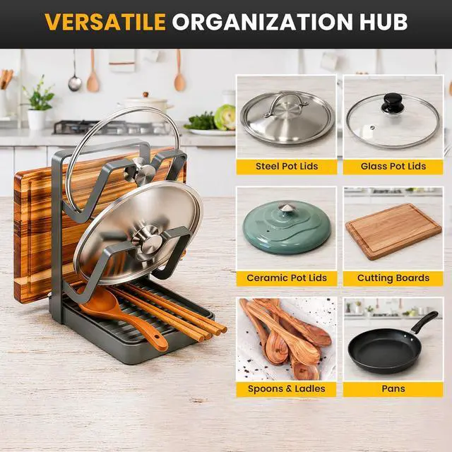Alt view image 4 of 7 - Pot Lid Holder with Removable Drip Tray, Multifunctional Double Layer Pot Lid Organizer for Countertop, Kitchen Pot Lid Storage Rack for Covers, Cutting Boards, Utensils (Grey)