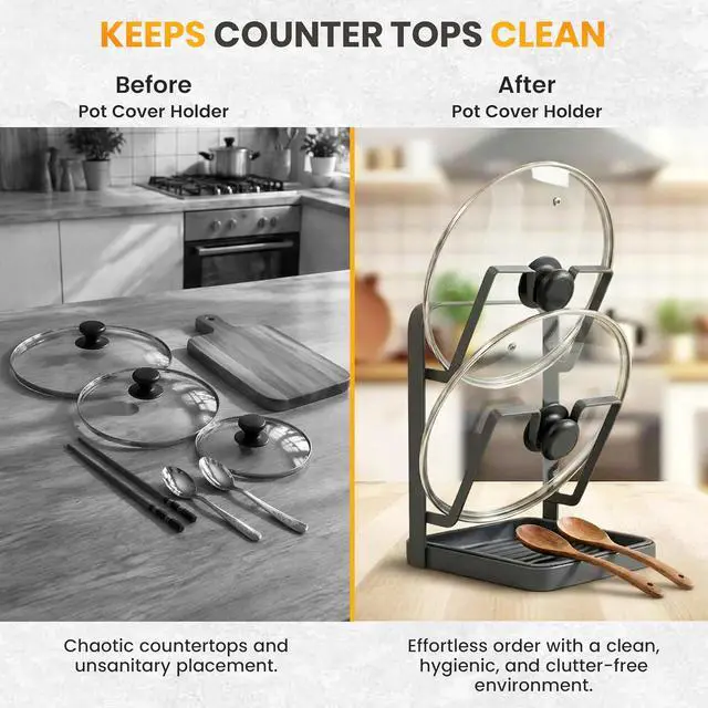 Alt view image 3 of 7 - Pot Lid Holder with Removable Drip Tray, Multifunctional Double Layer Pot Lid Organizer for Countertop, Kitchen Pot Lid Storage Rack for Covers, Cutting Boards, Utensils (Grey)