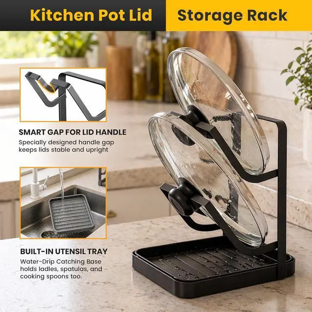 Alt view image 5 of 7 - Pot Lid Holder with Removable Drip Tray, Multifunctional Double Layer Pot Lid Organizer for Countertop, Kitchen Pot Lid Storage Rack for Covers, Cutting Boards, Utensils (Grey)