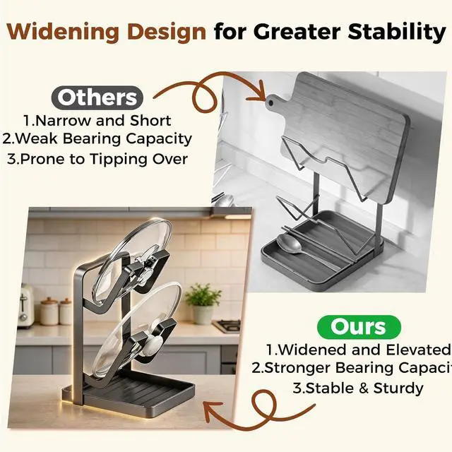 Alt view image 2 of 7 - Pot & Pan Lid Organizer | Kitchen Pot Lid Storage Rack While Cooking | Pan Lid Organizer with Removable Tray for Kitchen Countertop | Space Saving, Waterproof, Rustproof (Grey)