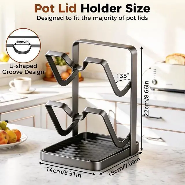 Alt view image 3 of 7 - Pot & Pan Lid Organizer | Kitchen Pot Lid Storage Rack While Cooking | Pan Lid Organizer with Removable Tray for Kitchen Countertop | Space Saving, Waterproof, Rustproof (Grey)