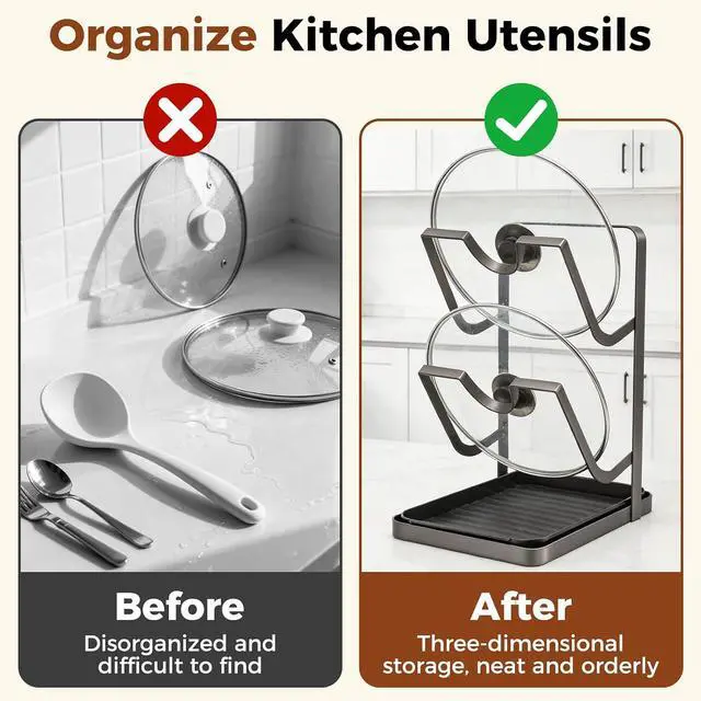 Alt view image 4 of 7 - Pot & Pan Lid Organizer | Kitchen Pot Lid Storage Rack While Cooking | Pan Lid Organizer with Removable Tray for Kitchen Countertop | Space Saving, Waterproof, Rustproof (Grey)