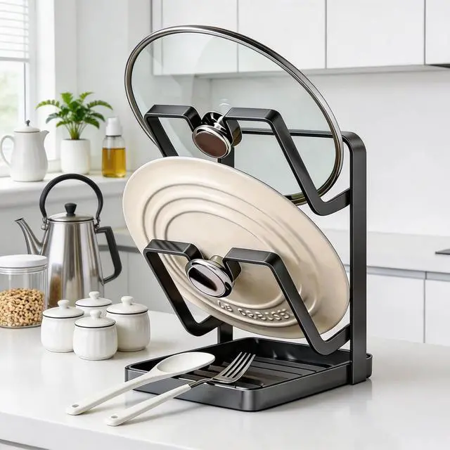 Alt view image 7 of 7 - Pot & Pan Lid Organizer | Kitchen Pot Lid Storage Rack While Cooking | Pan Lid Organizer with Removable Tray for Kitchen Countertop | Space Saving, Waterproof, Rustproof (Grey)