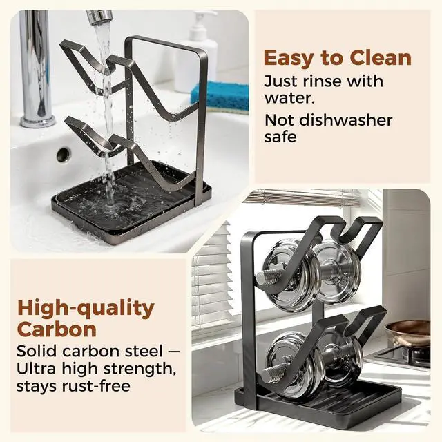 Alt view image 6 of 7 - Pot & Pan Lid Organizer | Kitchen Pot Lid Storage Rack While Cooking | Pan Lid Organizer with Removable Tray for Kitchen Countertop | Space Saving, Waterproof, Rustproof (Grey)