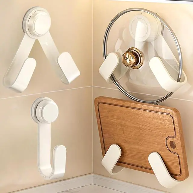 Alt view image 4 of 7 - 2 Pack Pot Lid Holder - Adjustable Wall-Mounted Pot Lid Organizer for cabinet with Suction Cup, Heavy Duty Multifunctional Hooks for Cutting Board, Pan (White)