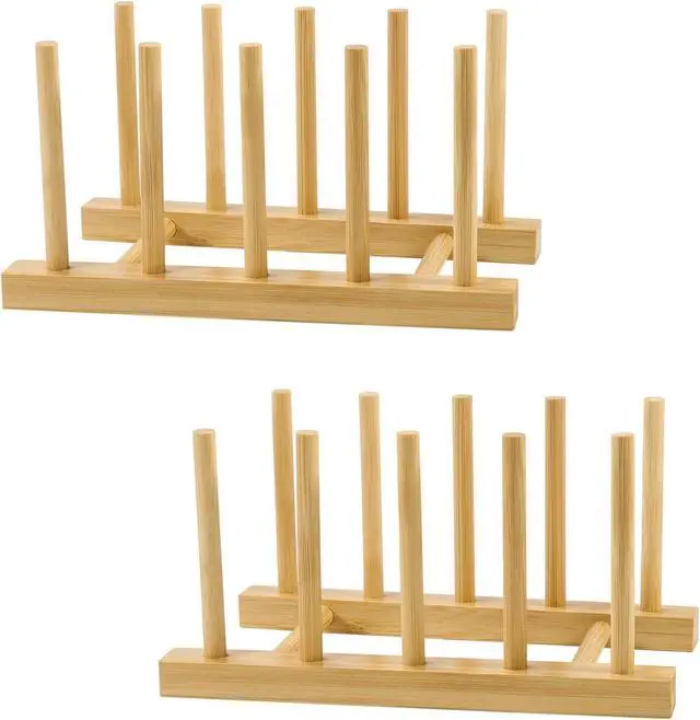 Main image of SAMEBUTECO 2-Pack Bamboo Kitchen Rack with 4 Slots and 5 Connector Pegs Vertical Organizer for Plates, Pots, Lids, Bowls & Cutting Boards Durable Wooden Dish Holder with Spare Pegs & Gift Box
