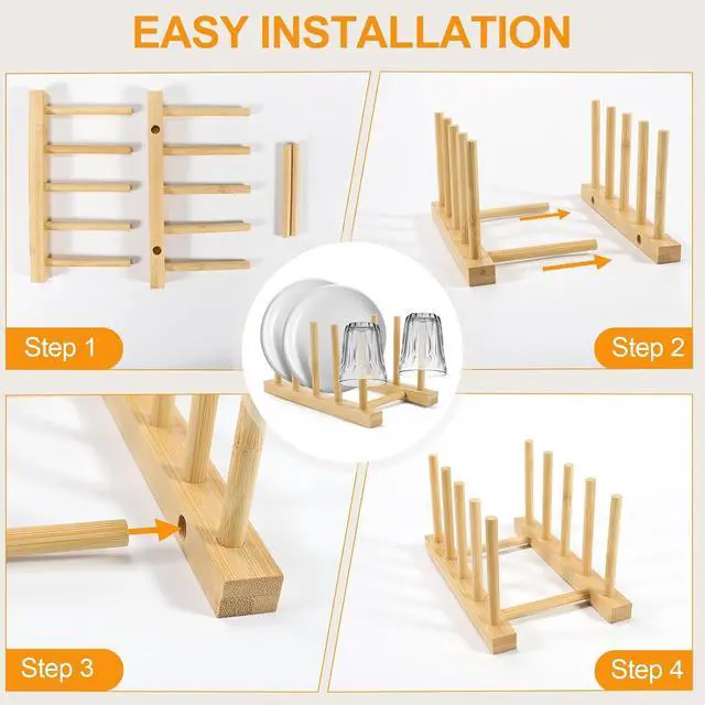 Alt view image 3 of 7 - SAMEBUTECO 2-Pack Bamboo Kitchen Rack with 4 Slots and 5 Connector Pegs Vertical Organizer for Plates, Pots, Lids, Bowls & Cutting Boards Durable Wooden Dish Holder with Spare Pegs & Gift Box