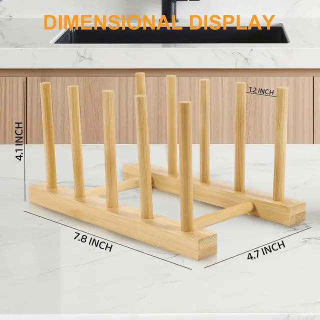 Alt view image 4 of 7 - SAMEBUTECO 2-Pack Bamboo Kitchen Rack with 4 Slots and 5 Connector Pegs Vertical Organizer for Plates, Pots, Lids, Bowls & Cutting Boards Durable Wooden Dish Holder with Spare Pegs & Gift Box
