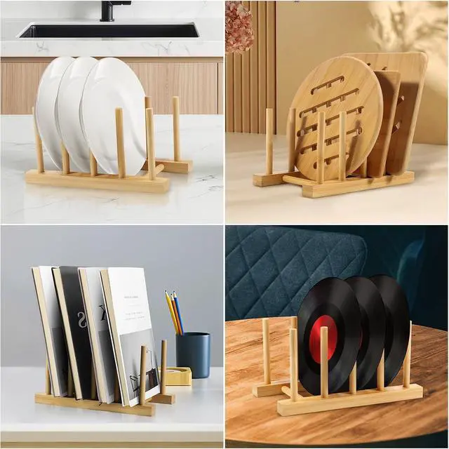 Alt view image 5 of 7 - SAMEBUTECO 2-Pack Bamboo Kitchen Rack with 4 Slots and 5 Connector Pegs Vertical Organizer for Plates, Pots, Lids, Bowls & Cutting Boards Durable Wooden Dish Holder with Spare Pegs & Gift Box