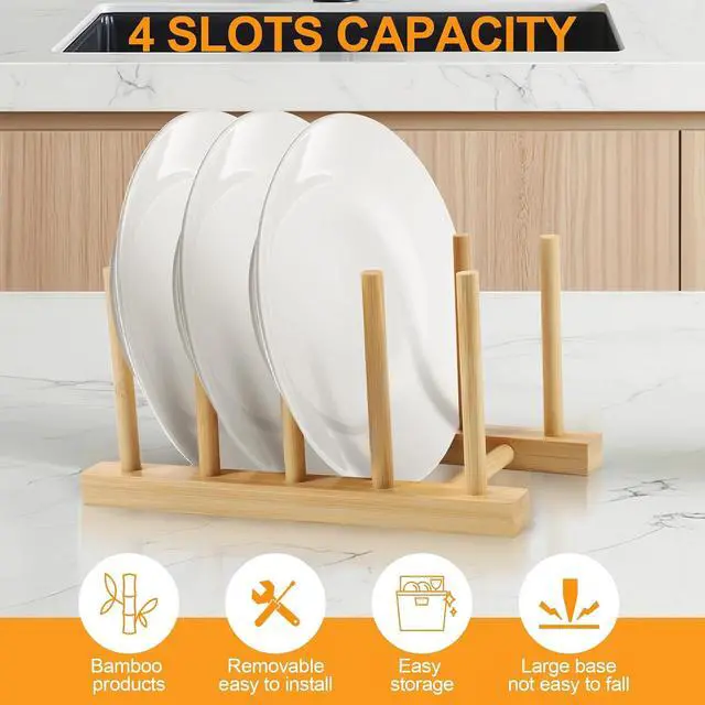 Alt view image 6 of 7 - SAMEBUTECO 2-Pack Bamboo Kitchen Rack with 4 Slots and 5 Connector Pegs Vertical Organizer for Plates, Pots, Lids, Bowls & Cutting Boards Durable Wooden Dish Holder with Spare Pegs & Gift Box