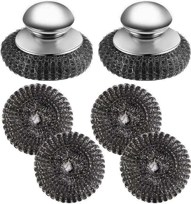 Main image of 2Pcs Stainless Steel Wool Scrubber with Handle, 4 Replacement Steel Scrubber Wool PadsStainless Steel Scrubber for Cleaning Cast Iron, Dishes, Kitchen Pots, Pans, Grills, Stoves, Sink