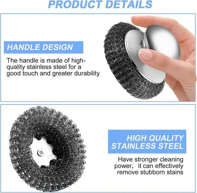 Alt view image 3 of 7 - 2Pcs Stainless Steel Wool Scrubber with Handle, 4 Replacement Steel Scrubber Wool PadsStainless Steel Scrubber for Cleaning Cast Iron, Dishes, Kitchen Pots, Pans, Grills, Stoves, Sink