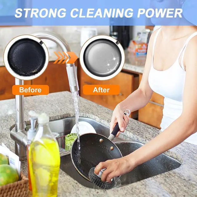 Alt view image 4 of 7 - 2Pcs Stainless Steel Wool Scrubber with Handle, 4 Replacement Steel Scrubber Wool PadsStainless Steel Scrubber for Cleaning Cast Iron, Dishes, Kitchen Pots, Pans, Grills, Stoves, Sink