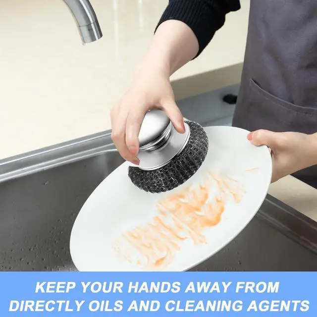Alt view image 5 of 7 - 2Pcs Stainless Steel Wool Scrubber with Handle, 4 Replacement Steel Scrubber Wool PadsStainless Steel Scrubber for Cleaning Cast Iron, Dishes, Kitchen Pots, Pans, Grills, Stoves, Sink