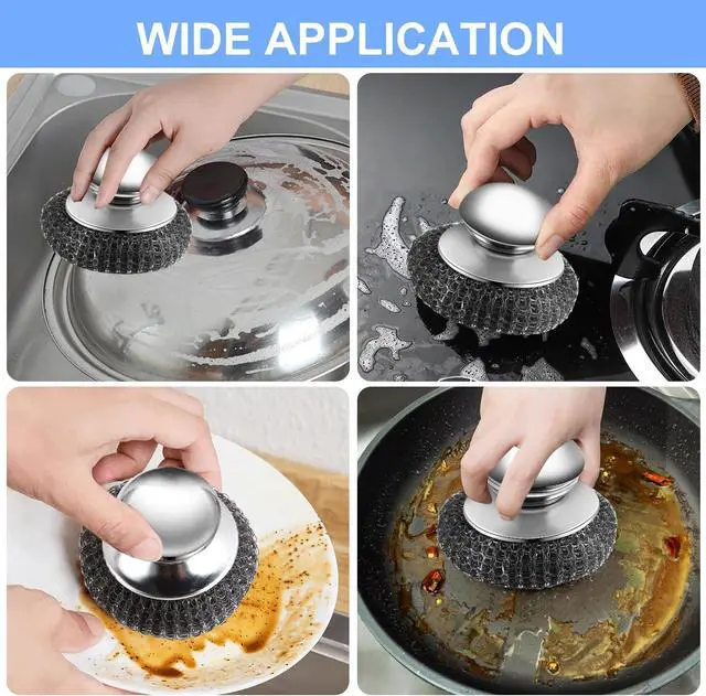 Alt view image 6 of 7 - 2Pcs Stainless Steel Wool Scrubber with Handle, 4 Replacement Steel Scrubber Wool PadsStainless Steel Scrubber for Cleaning Cast Iron, Dishes, Kitchen Pots, Pans, Grills, Stoves, Sink