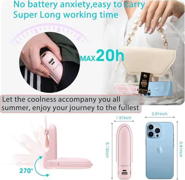 Alt view image 2 of 7 - Digibond Handheld Fan, USB Port 6 IN 1 Portable Fan with 3 Speed - Pink