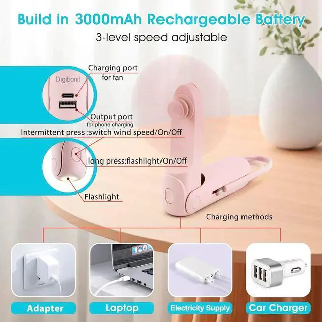 Alt view image 4 of 7 - Digibond Handheld Fan, USB Port 6 IN 1 Portable Fan with 3 Speed - Pink