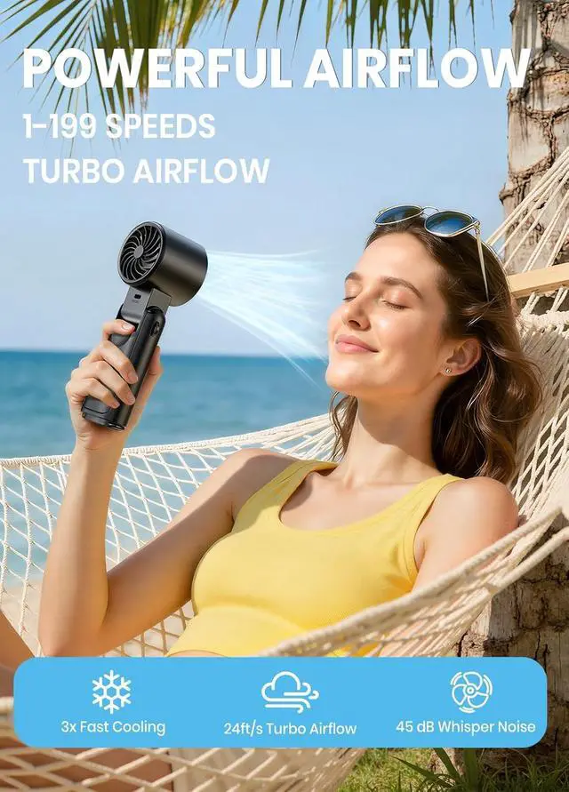 Alt view image 2 of 7 - Portable Handheld Turbo Fan, 1-199 Speed Adjustable, Black