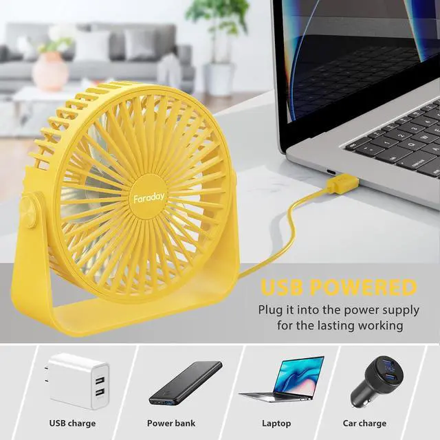 Alt view image 3 of 7 - FARADAY USB Desk Fans 5 Inches Portable Table Fans 360° Head Rotation Small Personal Desktop Fan for Home Office, 3 Speeds, Yellow