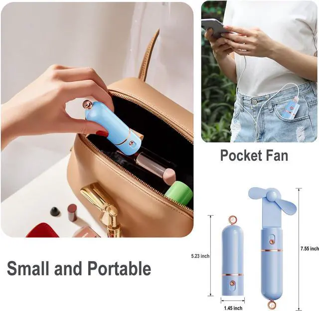 Alt view image 6 of 6 - AOCOOLFAN Portable Handheld Fan, USB Rechargeable 3 Speed Personal Small Pocket Fan Travel for Girl Women Outdoor (Light Blue)