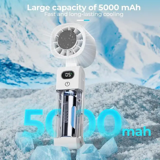 Alt view image 2 of 7 - Rechargeable Handheld Fan with Cooling Plate, Portable Personal Fan, 5000mAh Battery, USB-C Mini Fan for Travel, Camping, Cruise, Beach, Disney, Office (White)