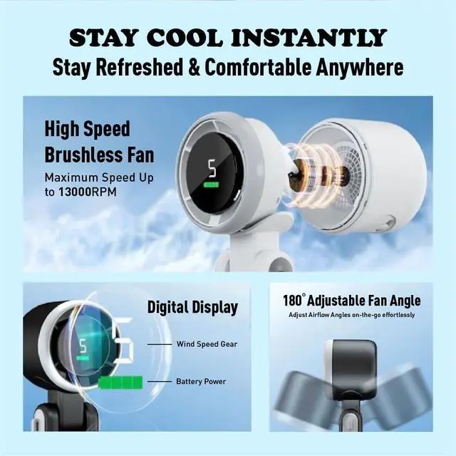 Alt view image 6 of 7 - Handheld fan Turbo 3-in-1, battery powered personal fan, running for 20 hours, 5-speed, turbo forced cooling, suitable for outdoor travel offices, rechargeable (black)