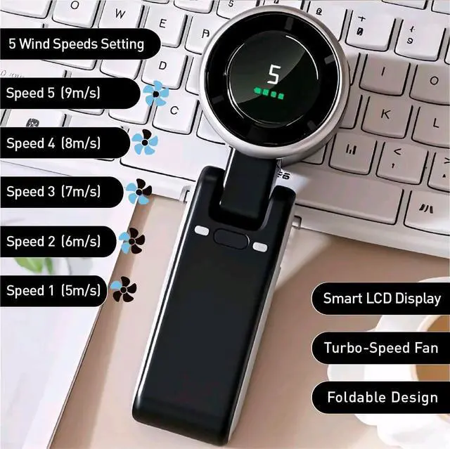 Alt view image 7 of 7 - Handheld fan Turbo 3-in-1, battery powered personal fan, running for 20 hours, 5-speed, turbo forced cooling, suitable for outdoor travel offices, rechargeable (black)