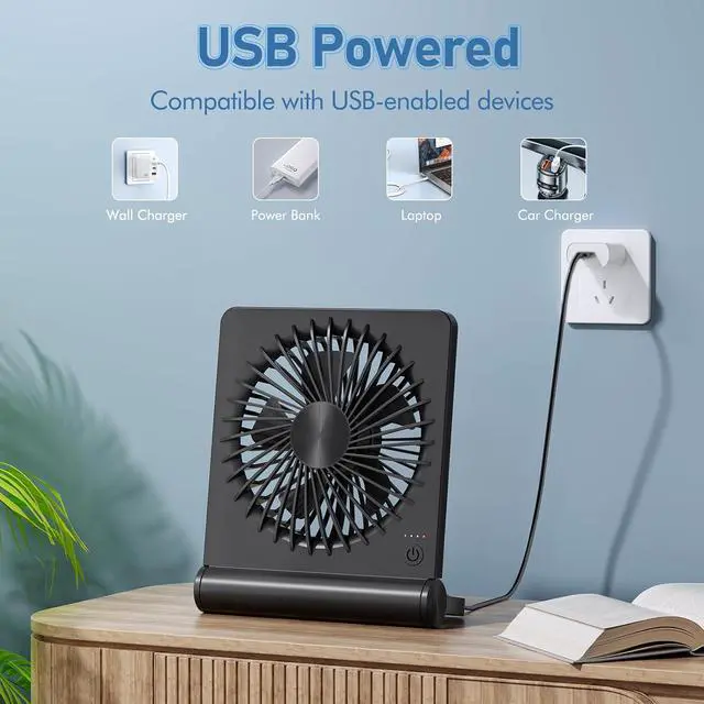 Alt view image 2 of 7 - Desk Fan USB Powered with 3 Speeds Adjustable Strong Wind, Ultra Quiet Mini Personal Fan USB-C Corded Powered,220° Tilt Folding Plug In USB Fan(No Battery)