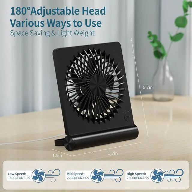 Alt view image 3 of 7 - Desk Fan USB Powered with 3 Speeds Adjustable Strong Wind, Ultra Quiet Mini Personal Fan USB-C Corded Powered,220° Tilt Folding Plug In USB Fan(No Battery)