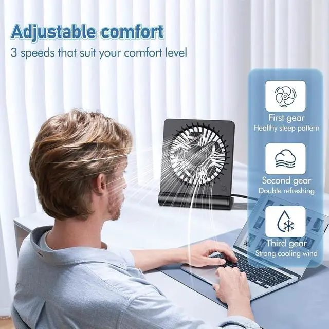 Alt view image 7 of 7 - Desk Fan USB Powered with 3 Speeds Adjustable Strong Wind, Ultra Quiet Mini Personal Fan USB-C Corded Powered,220° Tilt Folding Plug In USB Fan(No Battery)