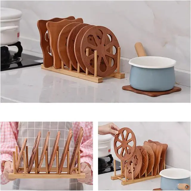 Alt view image 7 of 7 - Kunovo Bamboo Dish Rack,Pot lid/Plate/Cutting Board Organizer for Kitchen cabinets,Bottle Drying Holder