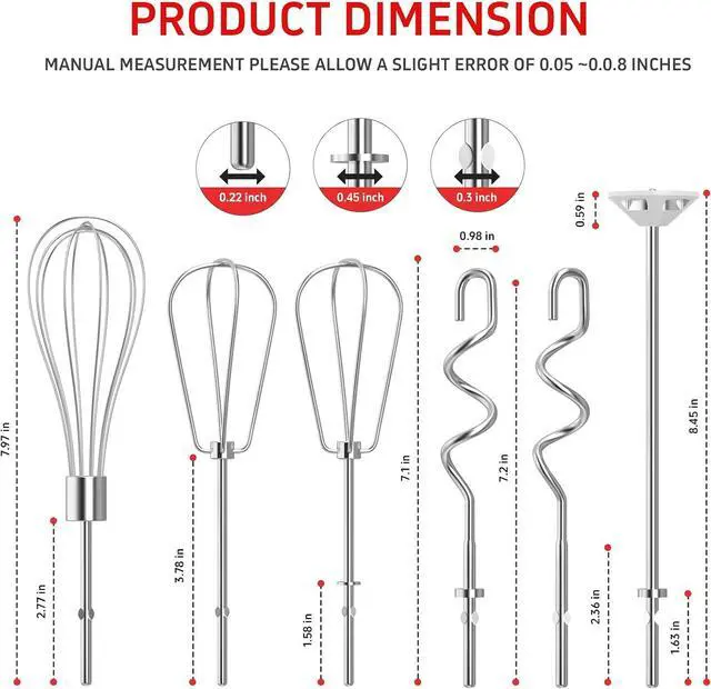 Alt view image 3 of 7 - Hand Mixer Attachments Beater 6Pcs, Whisk, Blending Rod and Dough Hooks, Stainless Steel Hand Mixer Accessories for Kitchenaid Hand Mixers KHM3 KHM5 KHM7 KHM9, Dishwasher Safe