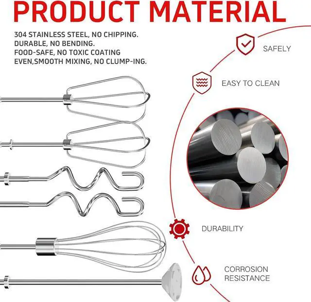 Alt view image 4 of 7 - Hand Mixer Attachments Beater 6Pcs, Whisk, Blending Rod and Dough Hooks, Stainless Steel Hand Mixer Accessories for Kitchenaid Hand Mixers KHM3 KHM5 KHM7 KHM9, Dishwasher Safe