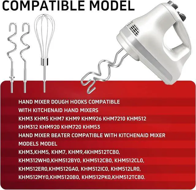 Alt view image 5 of 7 - Hand Mixer Attachments Beater 6Pcs, Whisk, Blending Rod and Dough Hooks, Stainless Steel Hand Mixer Accessories for Kitchenaid Hand Mixers KHM3 KHM5 KHM7 KHM9, Dishwasher Safe