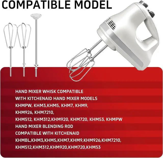 Alt view image 6 of 7 - Hand Mixer Attachments Beater 6Pcs, Whisk, Blending Rod and Dough Hooks, Stainless Steel Hand Mixer Accessories for Kitchenaid Hand Mixers KHM3 KHM5 KHM7 KHM9, Dishwasher Safe